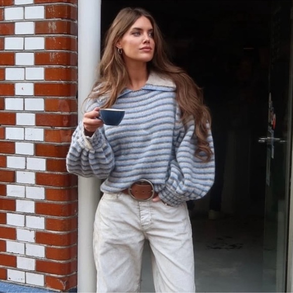 NWT Free People Frills Softspun Alpaca Striped Collared Sweater - Picture 3 of 12